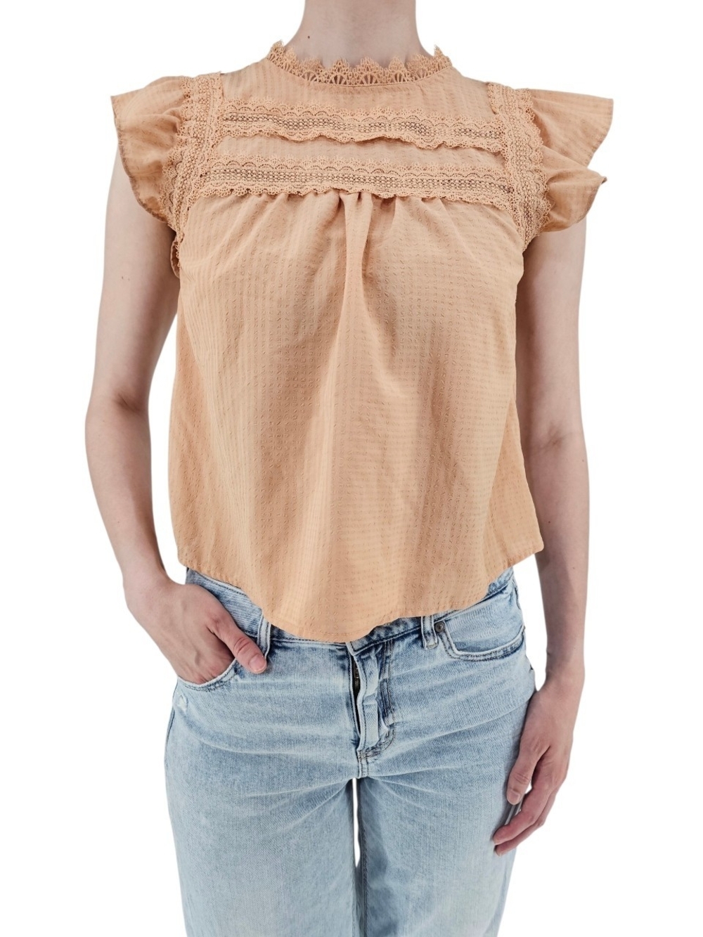 Blu Pepper Lace Trim Flutter Sleeve Swiss Dot Blouse Romantic Cottagecore Top S